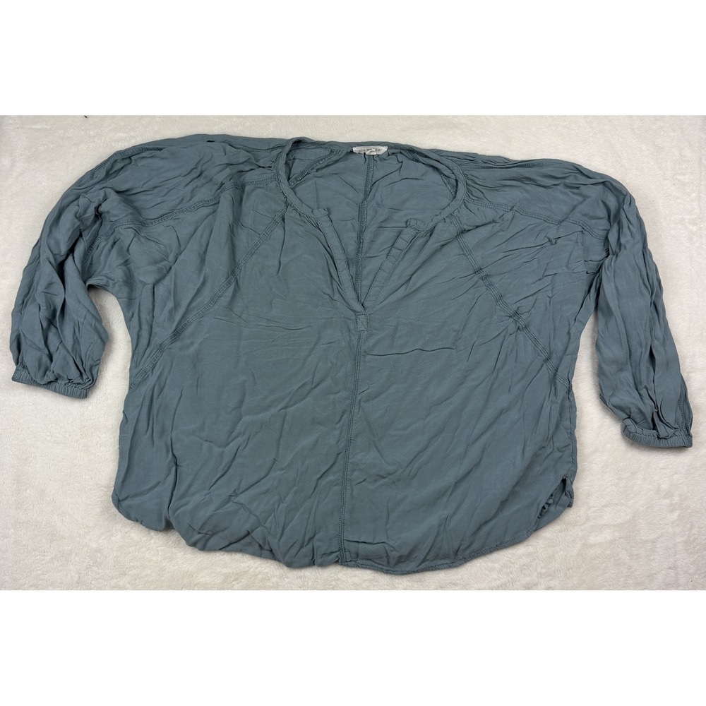 Blu Pepper Womens Small Blue Gray V Neck Oversized Boho Blouse 3/4 Sleeve Top